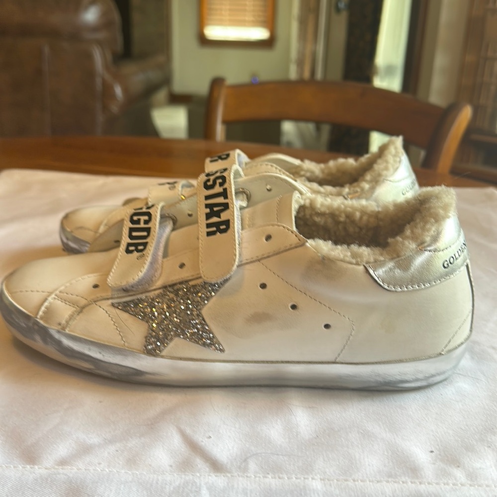 Golden Goose Old School shearling, white leather with silver, size 38 or US 8